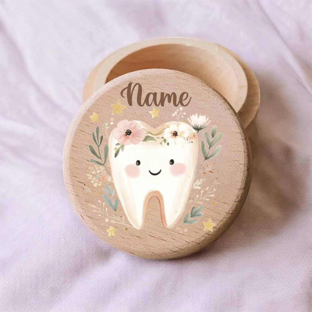TEMU Personalized Wooden Tooth Fairy Coin Box, Customizable Name Tooth And Flower Tooth Fairy Box, Small Item Souvenir Gift Box, Ideal Baptism Gift,
