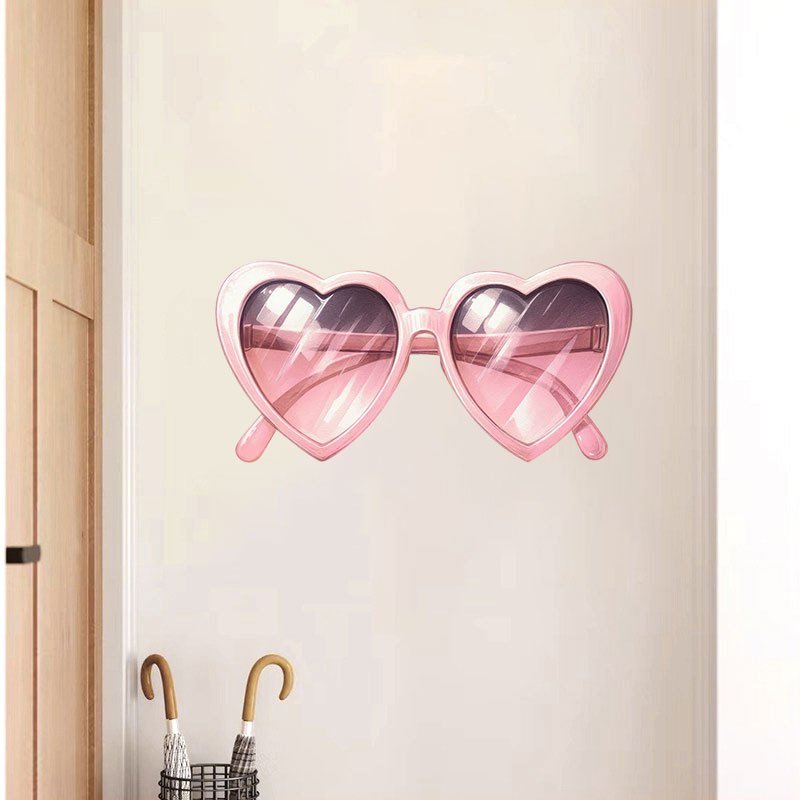 Image of 2pcs Heart-shaped Pink Sunglasses Wall Decal Decorations - Removable Pvc Stickers, Suitable For Living Rooms, Home Decorations, Bathrooms And Kitchen Cabinets