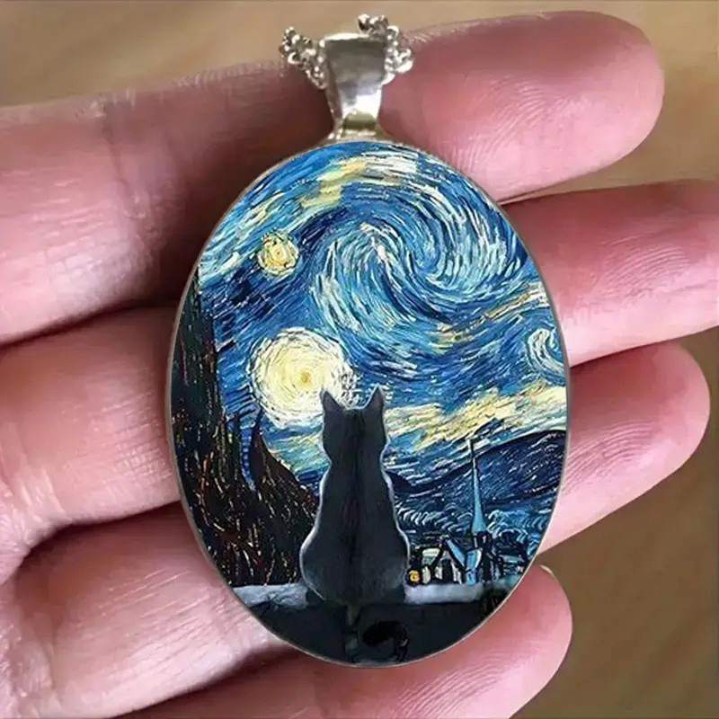 TEMU 1pc Van Starry Necklace - Bohemian Style Pendant With Art, Van -inspired Cat Silhouette & Star Patterns, Unisex Gift For & (mother’s Day,