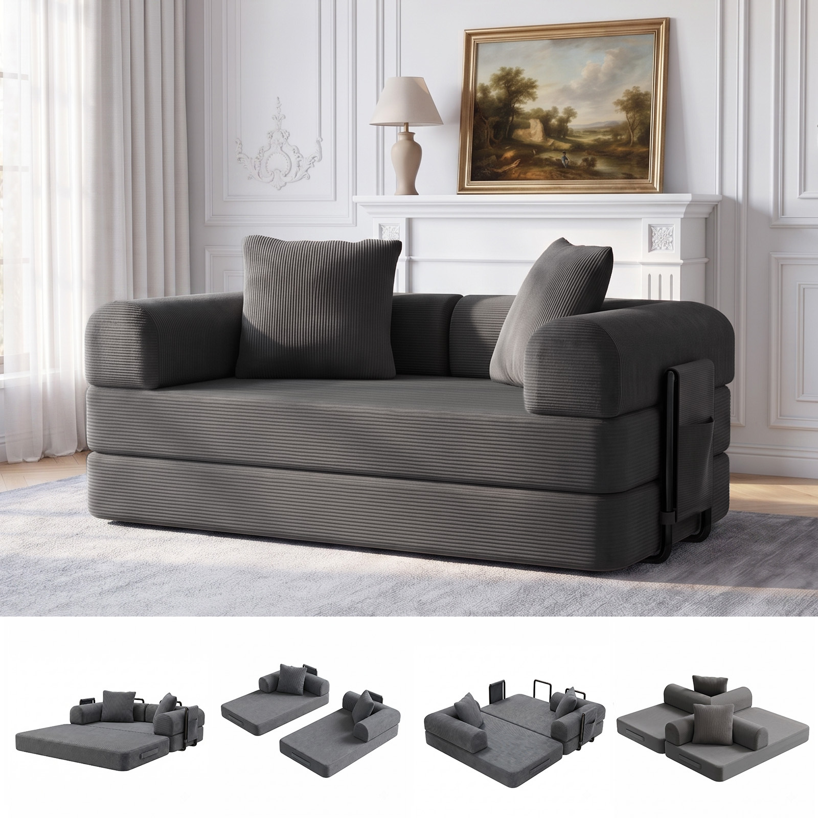 Convertible Sofa Bed With Armrest Pillow, 4-in-1 Sleeper Couch Room, Modular Corduroy Boneless Sofas, No Assembly
