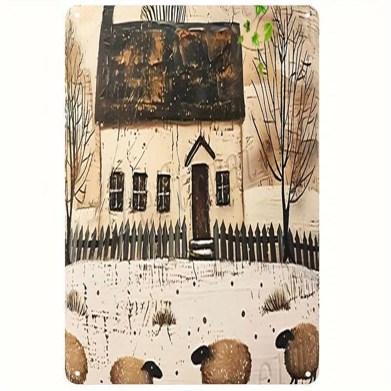 Rustic Farmhouse Sheep Painting Wall Art Vintage Countryside House And Sheep Cottage Metal Sign, Primitive Style Scene, Perfect For Living Room, Bedroom, Kitchen Decoration, Ideal Farmhouse Decor Gift