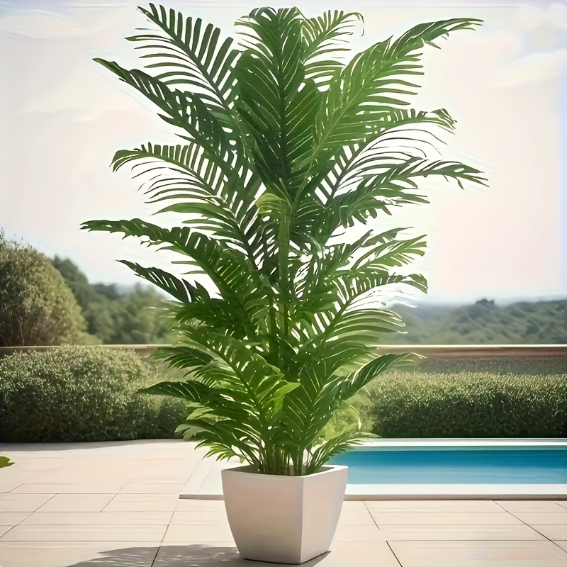 Large Artificial Fan Palm Tree | Realistic Tropical Indoor/Outdoor Decor with Dynamic Leaves, White Pot Appearance, Durable Plastic Material | Ideal for Christmas, Thanksgiving, Halloween, Palm Sunday | No Watering Required, Seasonal Display