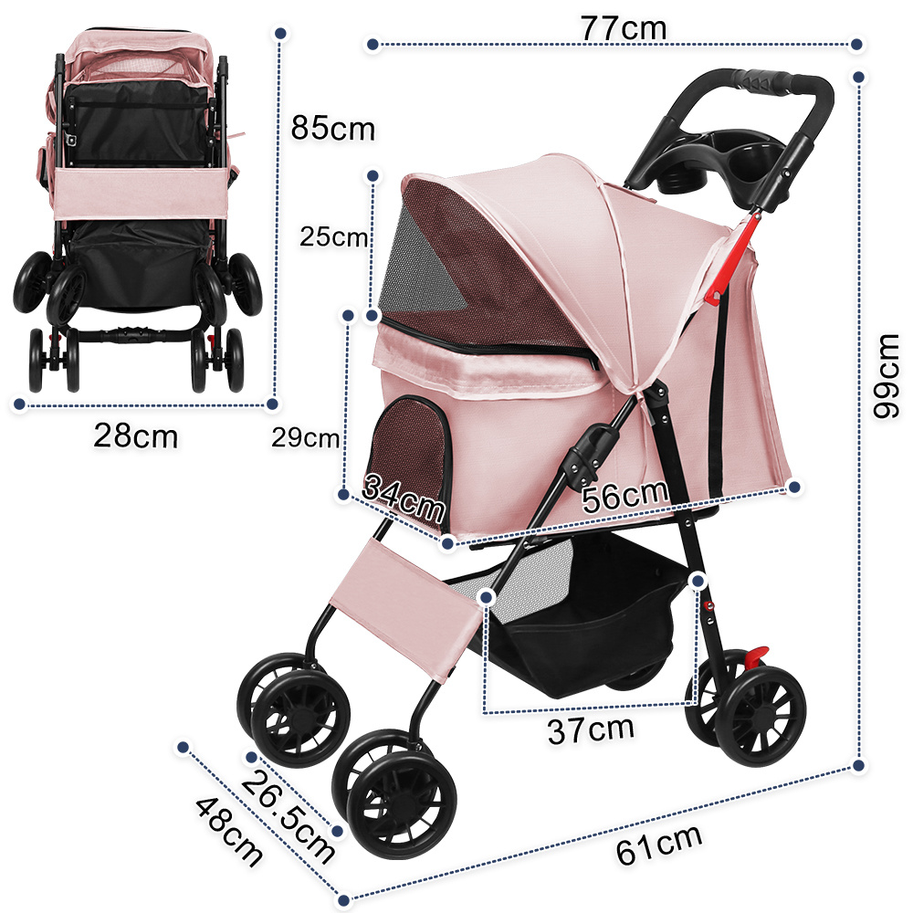 Breathable Rainproof Pet Stroller, Minimalist Outing Pet Cart, 61*48*99cm, Pink