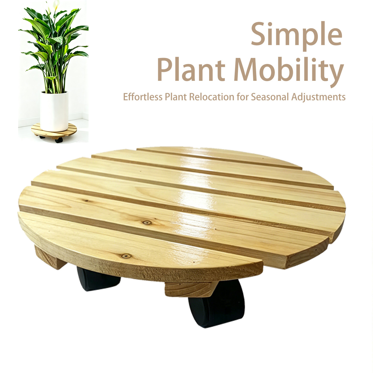 2Set Heavy Duty 360° Rotated Wheeled Wooden Plant Stand, 30.48cm Rolling Indoor/Outdoor Flower Rack with 360° Rotating Lockable Casters, Durable Wheels Suitable for Indoor/Courtyard Flower Stand, Potted Plants, Garden/Livingroom/  Decoration