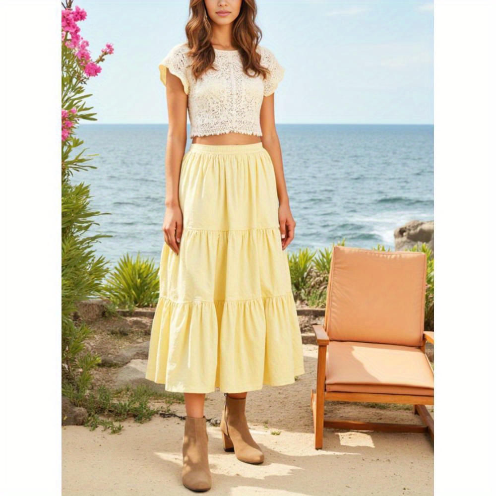 Jupe à volants jaune pour femme - Taille haute, style estival fluide, polyester léger, idéale pour la plage ou la piscine, jupe de plage | Jupe à volants à ourlet | Jupe légère