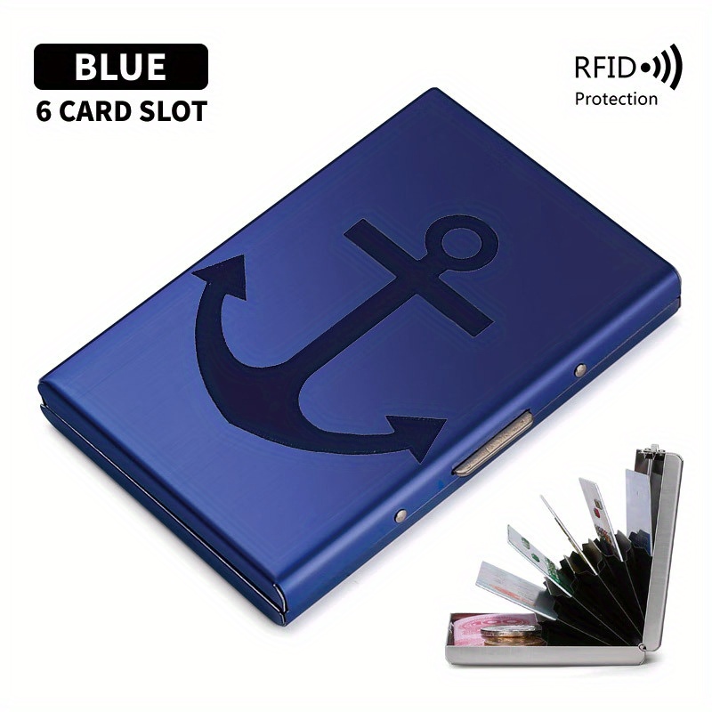 E-shop Tiefblaues Anker-Muster Design – Ultradünner RFID-blockierender Metall-Kreditkartenhalter, Langlebiges Kompaktes Unisex-Portemonnaie, Sichere