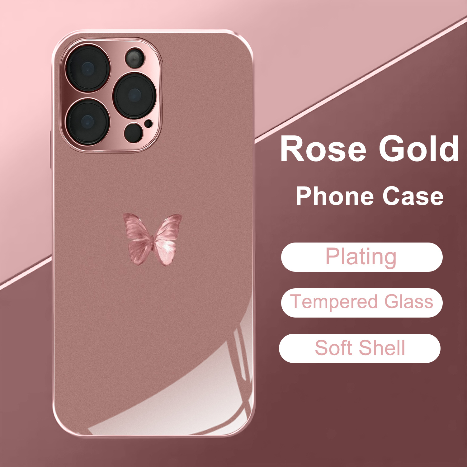 TEMU Phone Case - Pattern Rose Golden/electroplated Pink Phone Case For Iphone