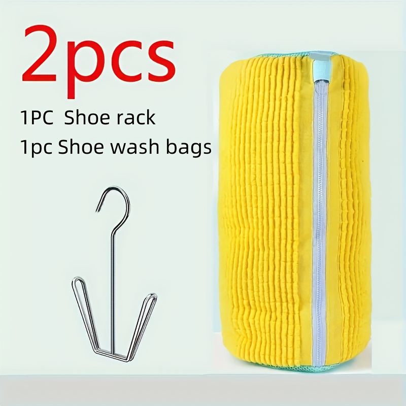 TEMU 2pcs [1pc Shoe Bag And 1pc Hook] Durable Shoe Bag Durable Single Piece Shoe Washing Machine Bag | Yellow With Blue Zipper Oval Laundry Bag,