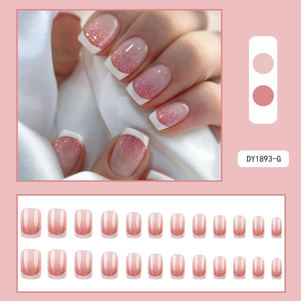Image of 48pcs Sweet Nude Pink Golden Glitter Gradient White French Short Square Press-on Nails Full Manicure Kit, Shiny Gentle Fake Nails For Women Cafe & Valentine Easter Family Gathering
