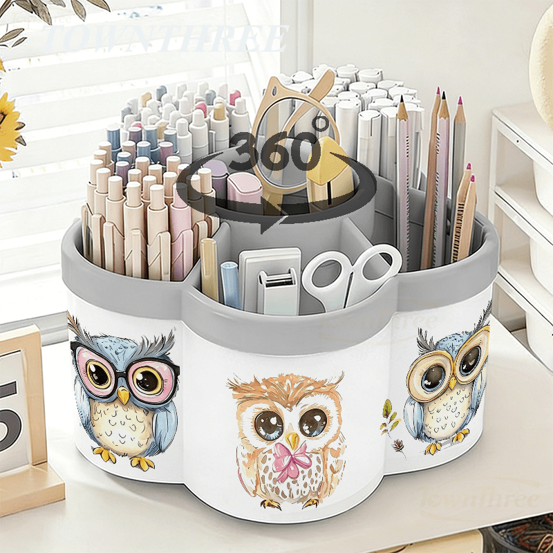 TEMU Porte-stylo rotatif et boîte de rangement pour cosmétiques | Adorables autocollants de de dessin animé - Boîte de rangement de bureau pratique