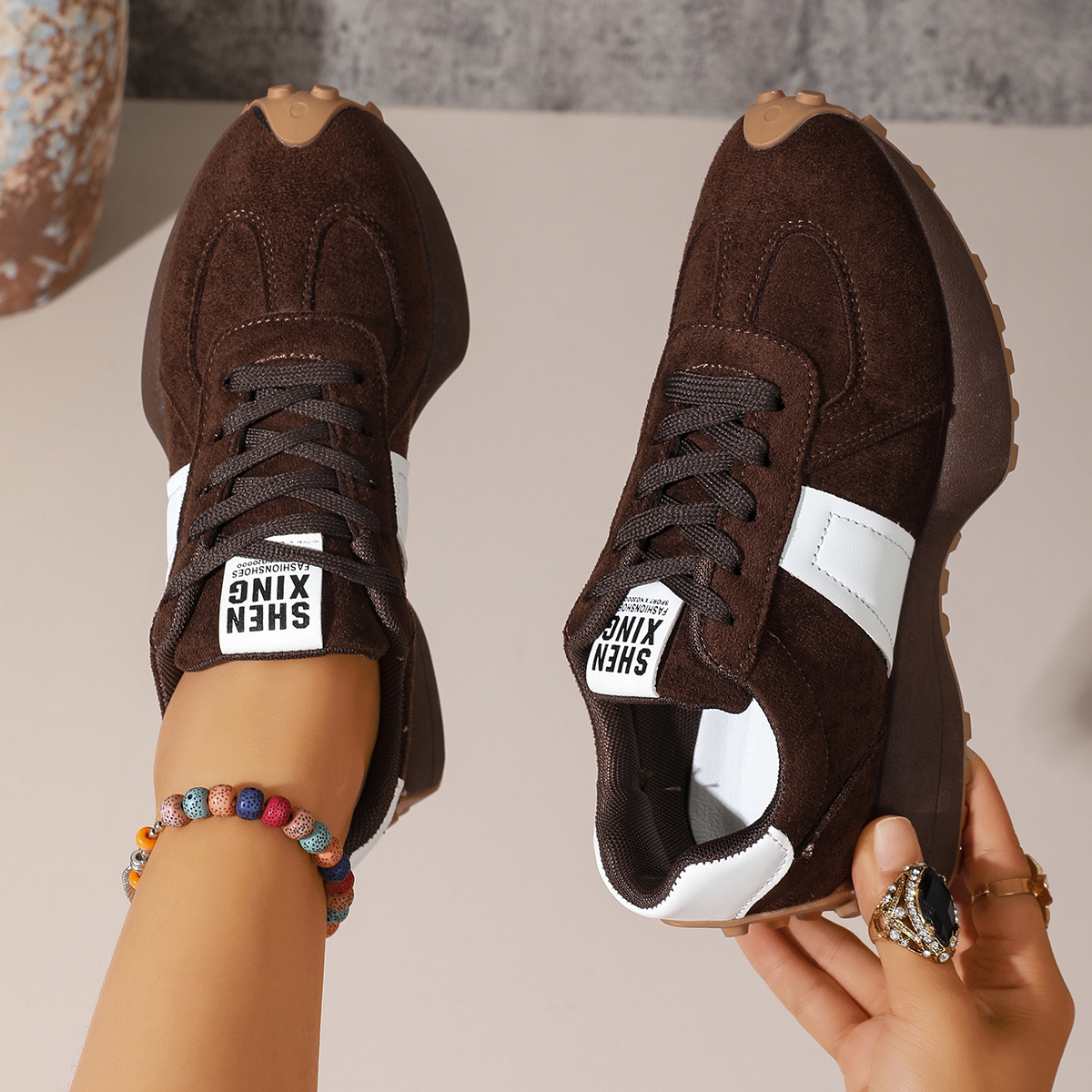 TEMU Baskets Dark Brown Vintage Femme, Chaussures Décontractées à Semelle Épaisse, Chaussures de Père à Lacets Confortables pour , Chaussures Femme