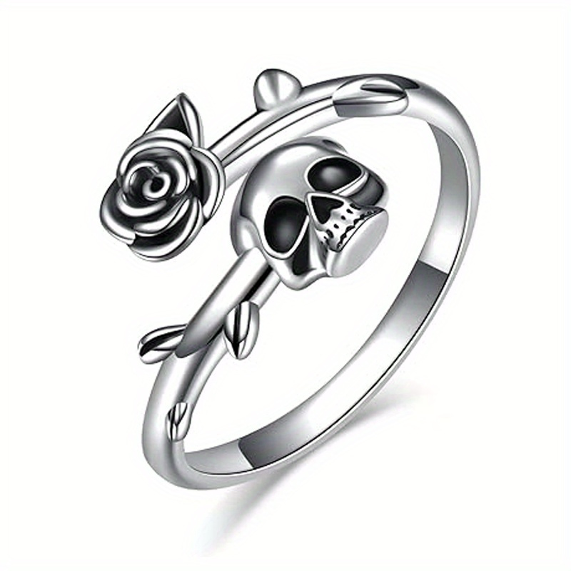 E-shop 1 Stück Verstellbarer Gothic Ring, Halloween Accessoire Totenkopf und Rosen Design, Vintage Accessoire für und Partys