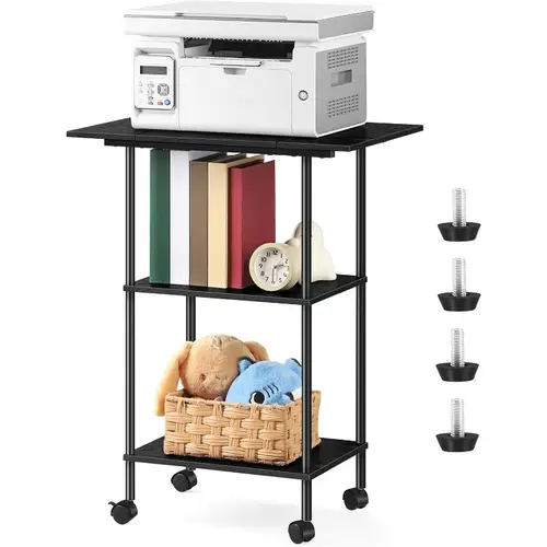 3 tier rolling printer stand with storage shelves adjustable feet modern black metal office cart for printer scanner microwave supplies space saving design with wheels for multifunctional storage cart sturdy metal frame