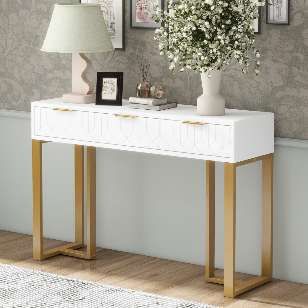 Image of Contemporary Console Table Featuring Drawer Space, Stylish Handles, Adjustable Feet, And A Sturdy Structure. In Golden Legs, Its Is Perfect For An Entryway, Living Room, Or Bedroom