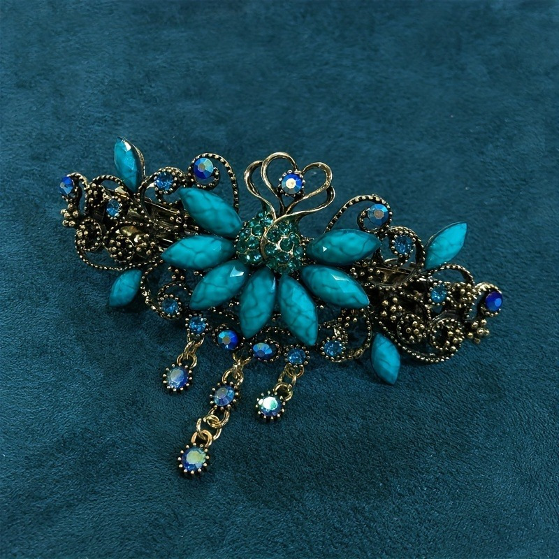 vintage floral   hair clip turquoise blue clear floral hairpin with spring clamp elegant wedding party everyday hair accessories for women retro hair clips for braids updos bangs Product details 2