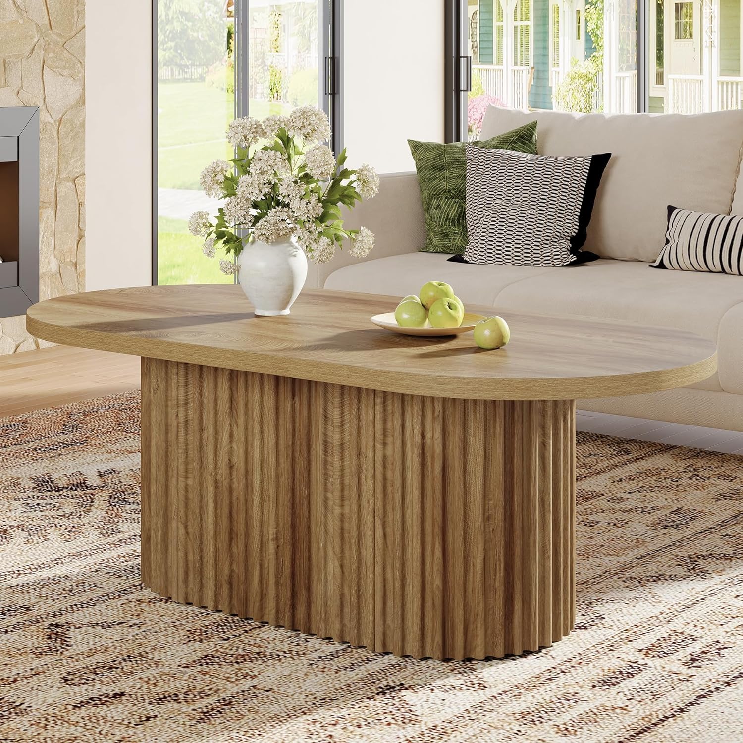 Image of Oval Coffee Table, 47.2" Farmhouse Wooden Center Table With Fluted Design | For Living Room, Office, Apartment, Rustic Brown, Wood Top, Metal Frame, Weather Resistant, Assembled