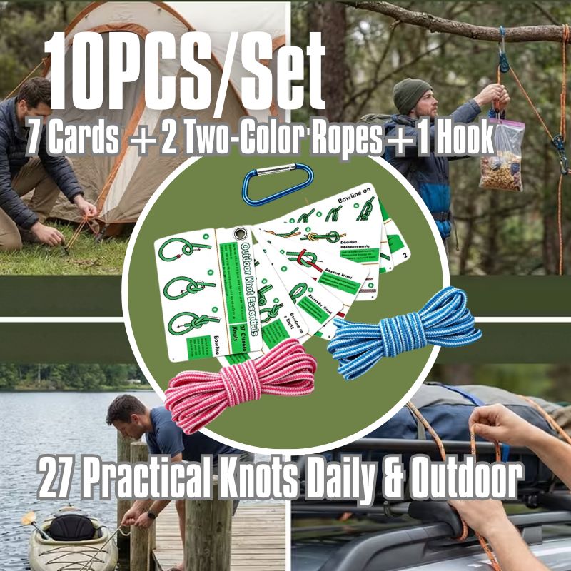TEMU 10pcs/set (7pcs 27kinds Of Knot Guide Pvc Cards, 2pcs Two-color Polyester Practice Ropes, 1pc Hook) Outdoor Camping Beginner Knot Tying Training