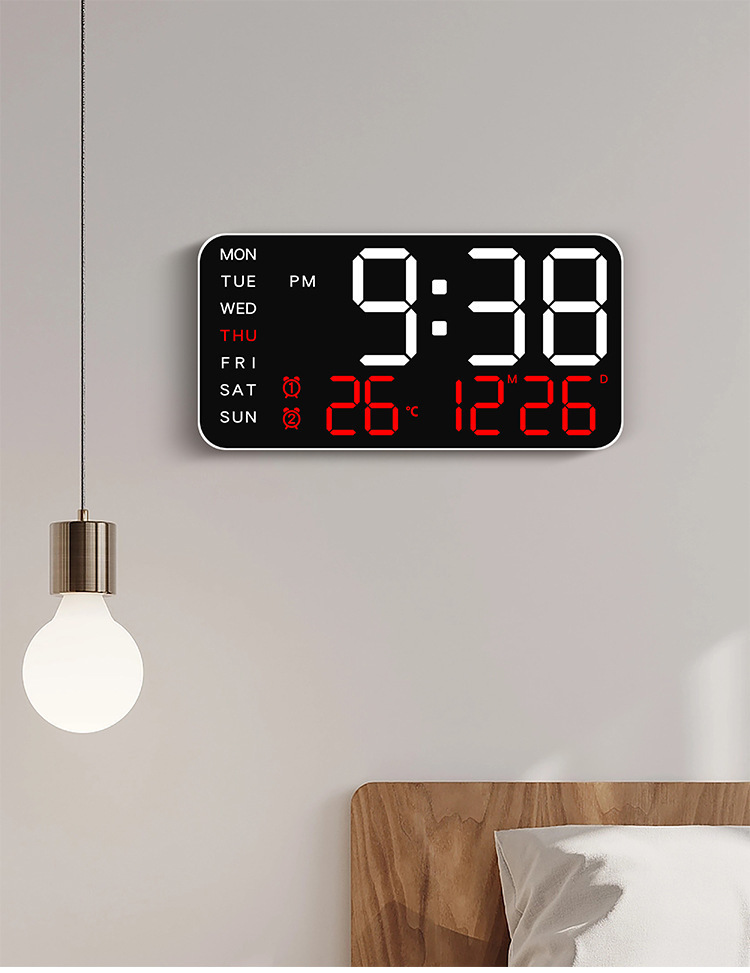 LED digital wall clock with temperature display, date and working day - dual alarm clock, 12/24-hour format, perpetual calendar, rectangular, battery powered (AAA) - perfect for bedroom decoration