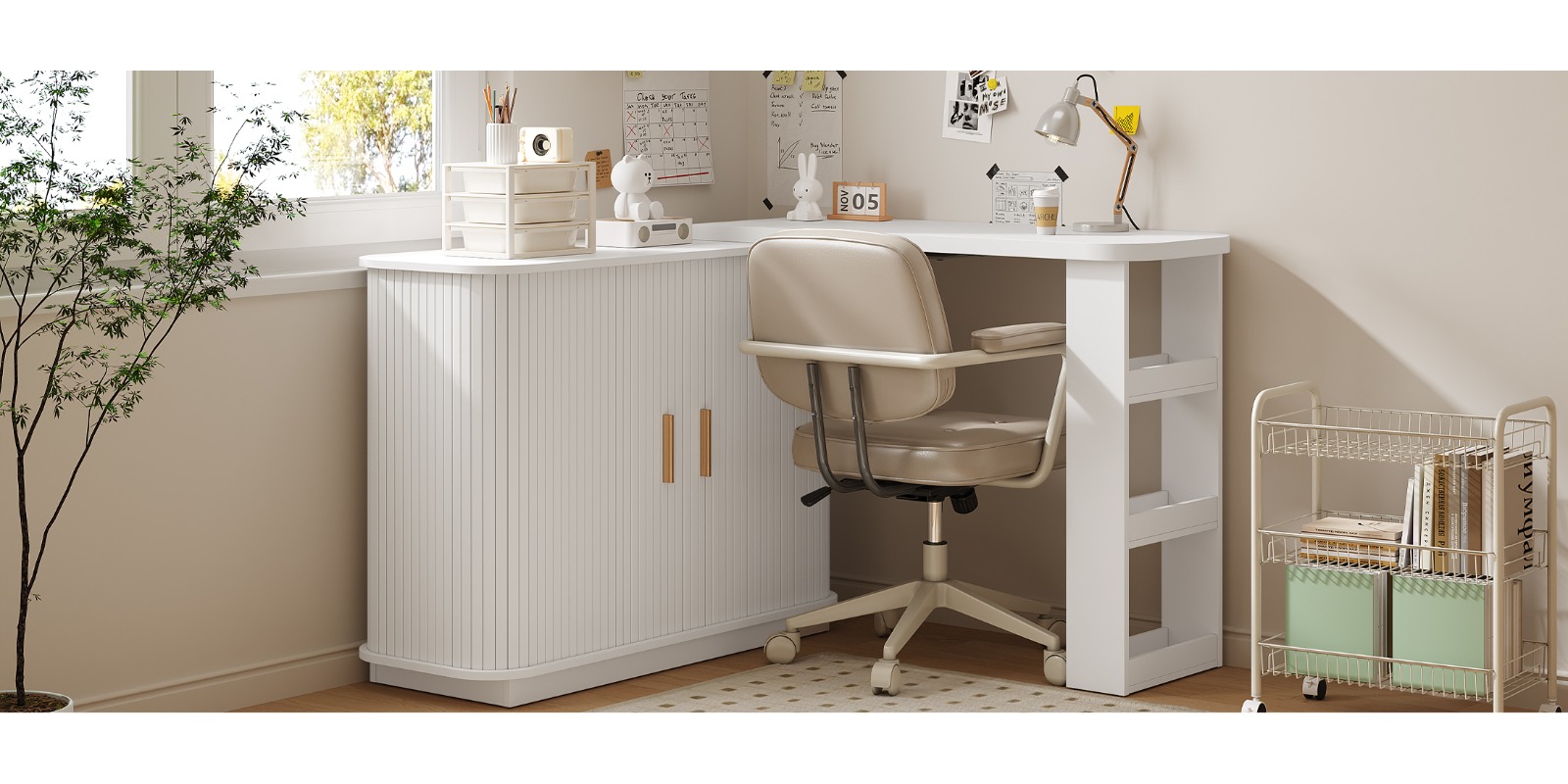 Adjustable Vanity Desk with Rolling Shutter, L-Shape Corner Makeup Table Featuring Shelves, Bedroom Storage Solution in White