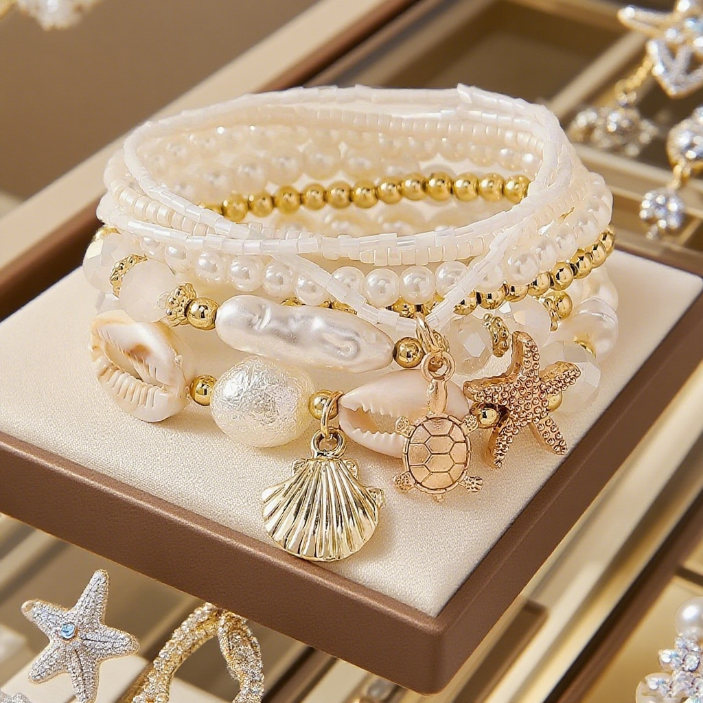 TEMU Parure de bracelets bohèmes - Pendentifs tortue de mer et étoile de mer dorés - Bijoux pour vacances d'été, plage et croisière