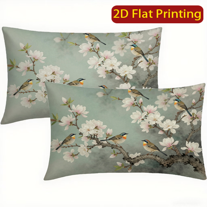 TEMU 2pcs Chinese New Style Magnolia Floral Bird Zippered Cushion Covers - Contemporary Farmhouse Decor Suitable For Home & Porch, Zippered