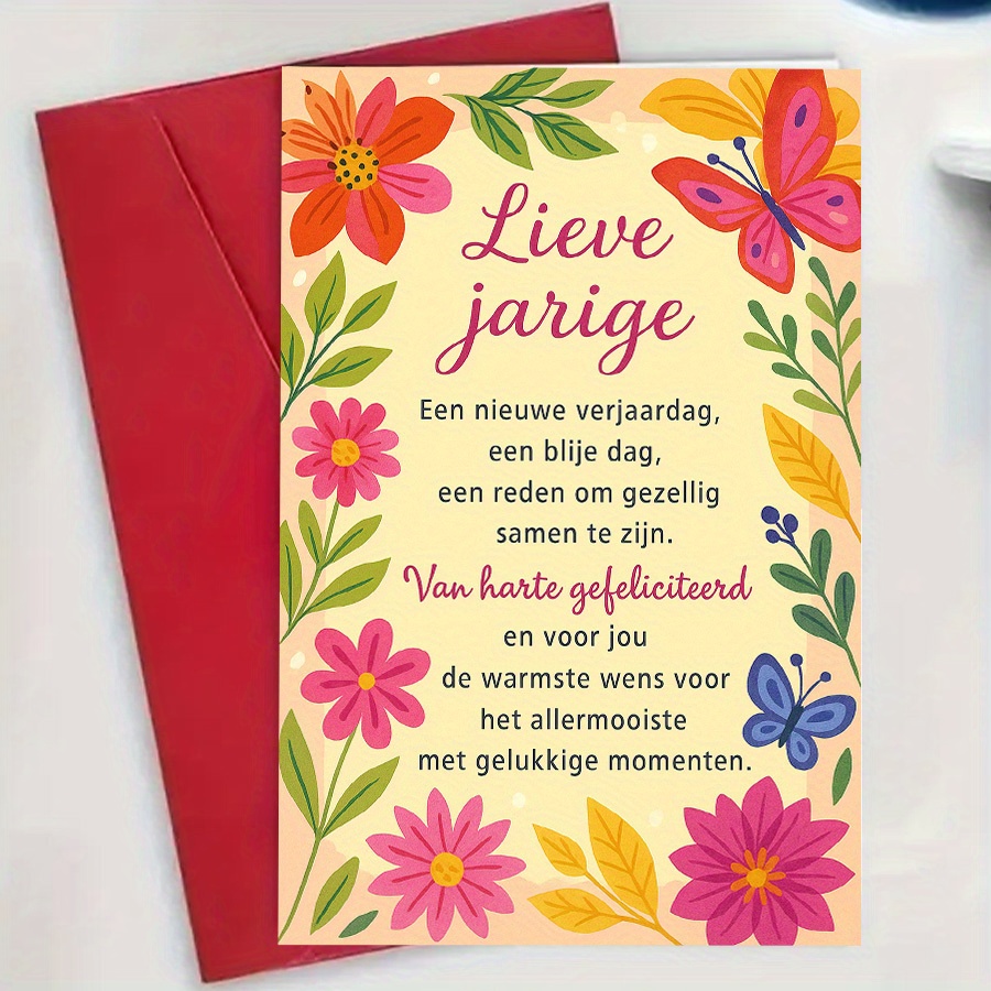 TEMU 1pc Birthday Card For Her With - Envelope-style Multicolor Floral & Design, Dutch-inspired "live Lange" Message, Pastel Colors & Elegant Cursive