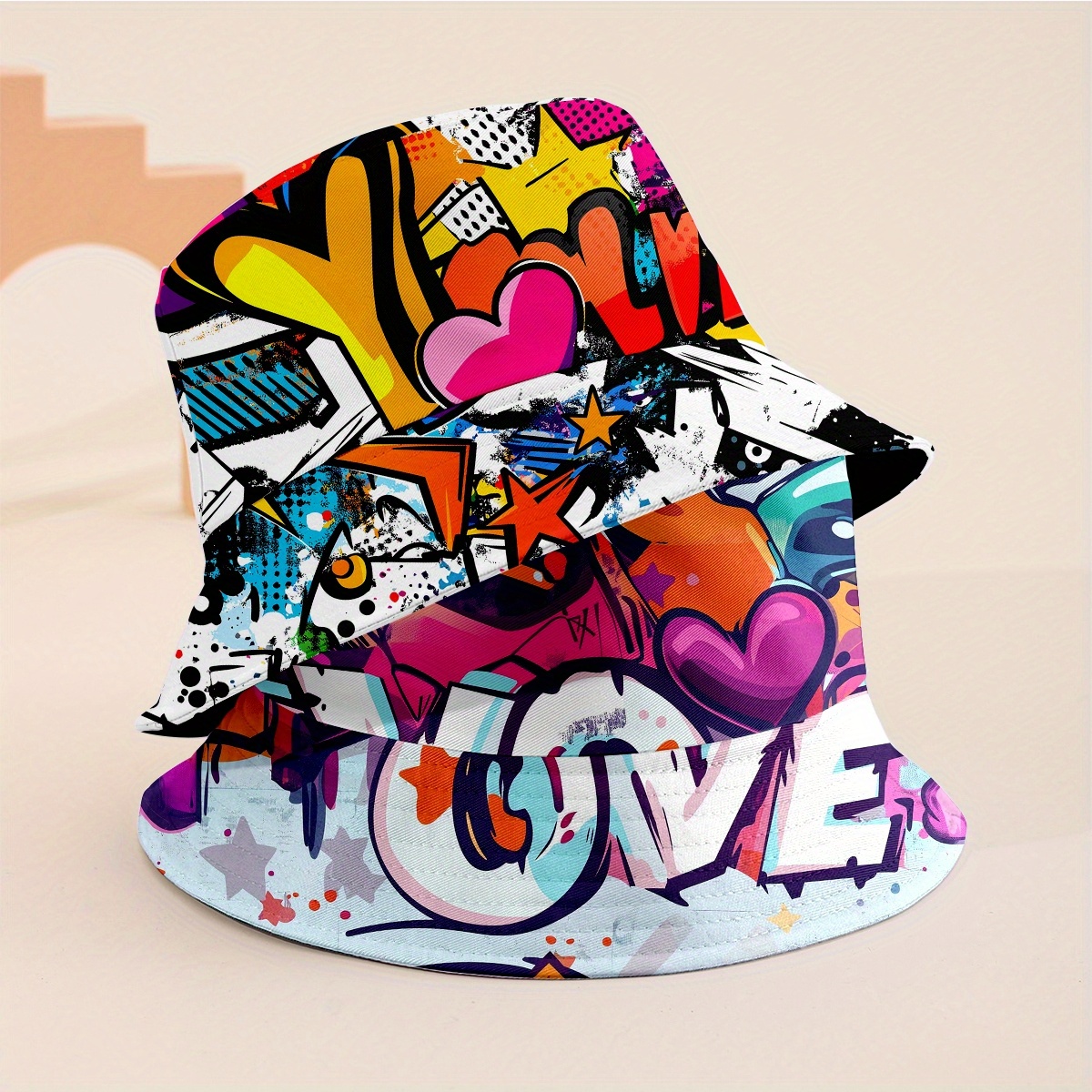 Image of 2-pack Printed Double-sided Bucket Hats, Universal Graffiti, Heart, Hats, Fashionable Summer Hats For Men And Women, For Beach And , Travel Hats, Beach Hats With Lines