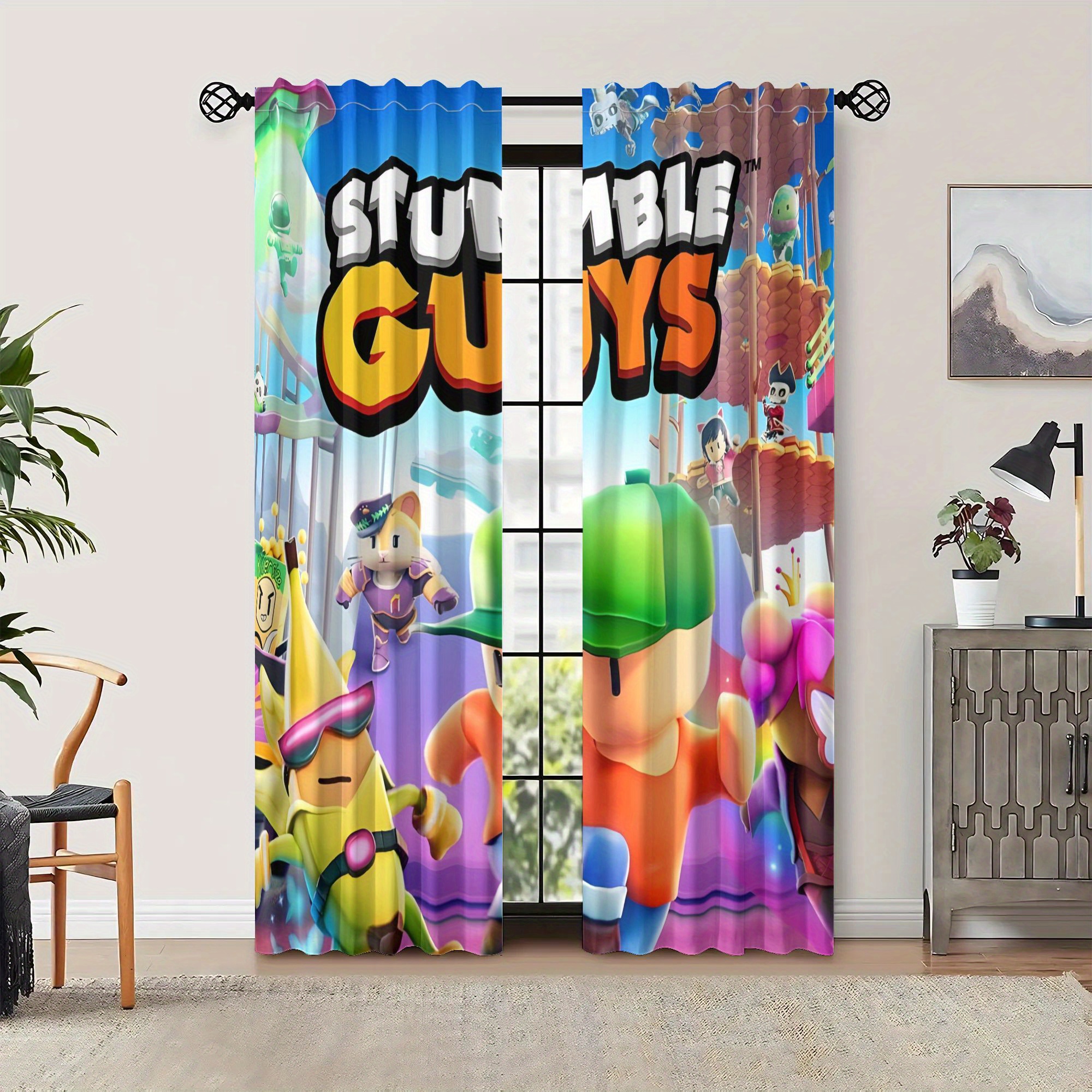 TEMU Zlienszus Modern Window Curtains - Lightweight Blackout Living Room Drapes With Gaming Characters, Machine Washable Polyester Window Treatments
