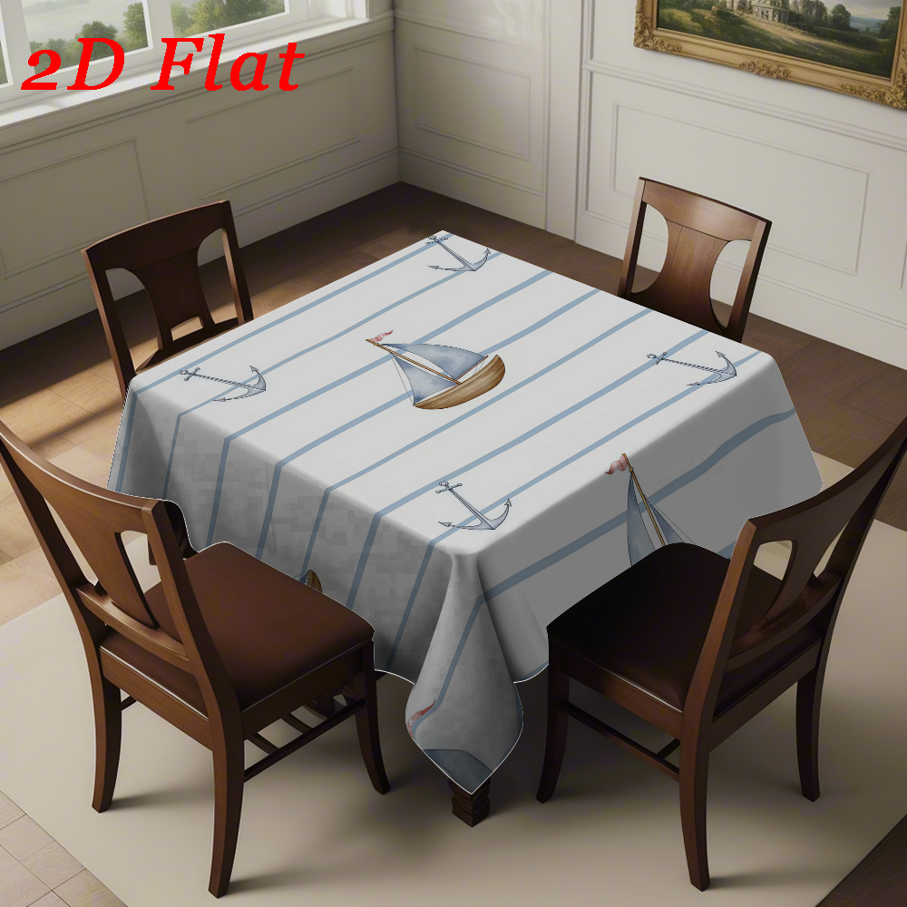 품목 사진 1개 2d 평면 블루 앤 화이트   해양 요소 수채화 스타일 프린트 사각 테이블보, 홈 다이닝룸, 거실, 주방, 호텔, 파티 장식용, 2d 평면