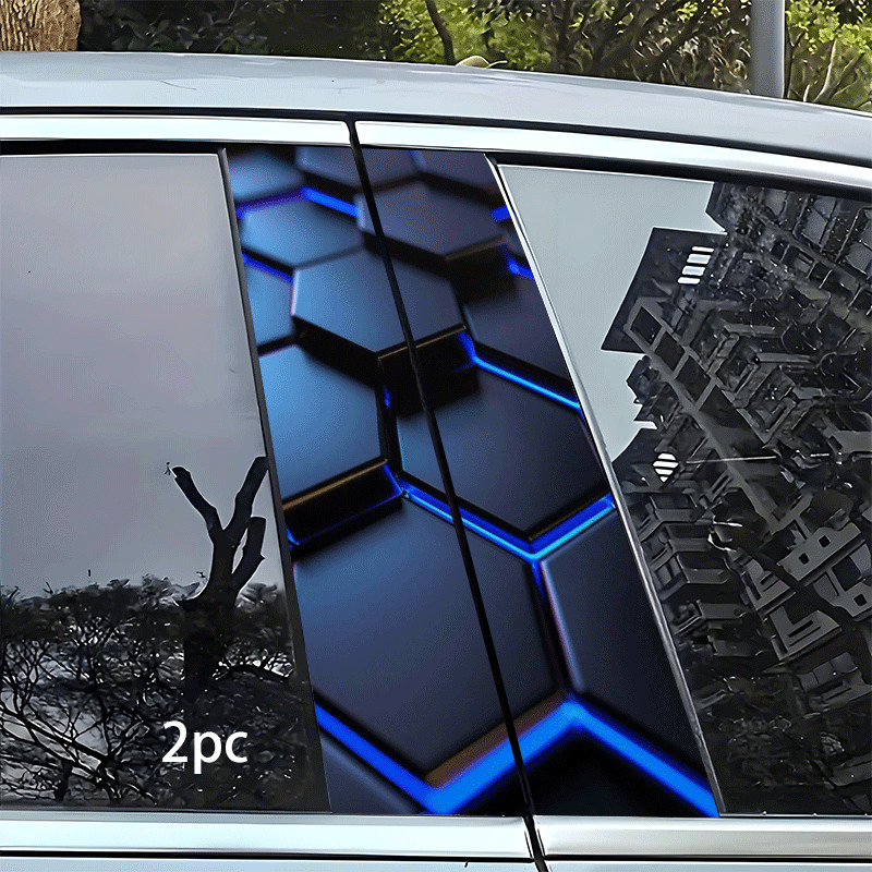 TEMU 2pcs Waterproof Car B-pillar Stickers, Black Hexagon Pattern With Blue Edges, And Stick, Suitable For Glass, Plastic, And Metal Surfaces, Car