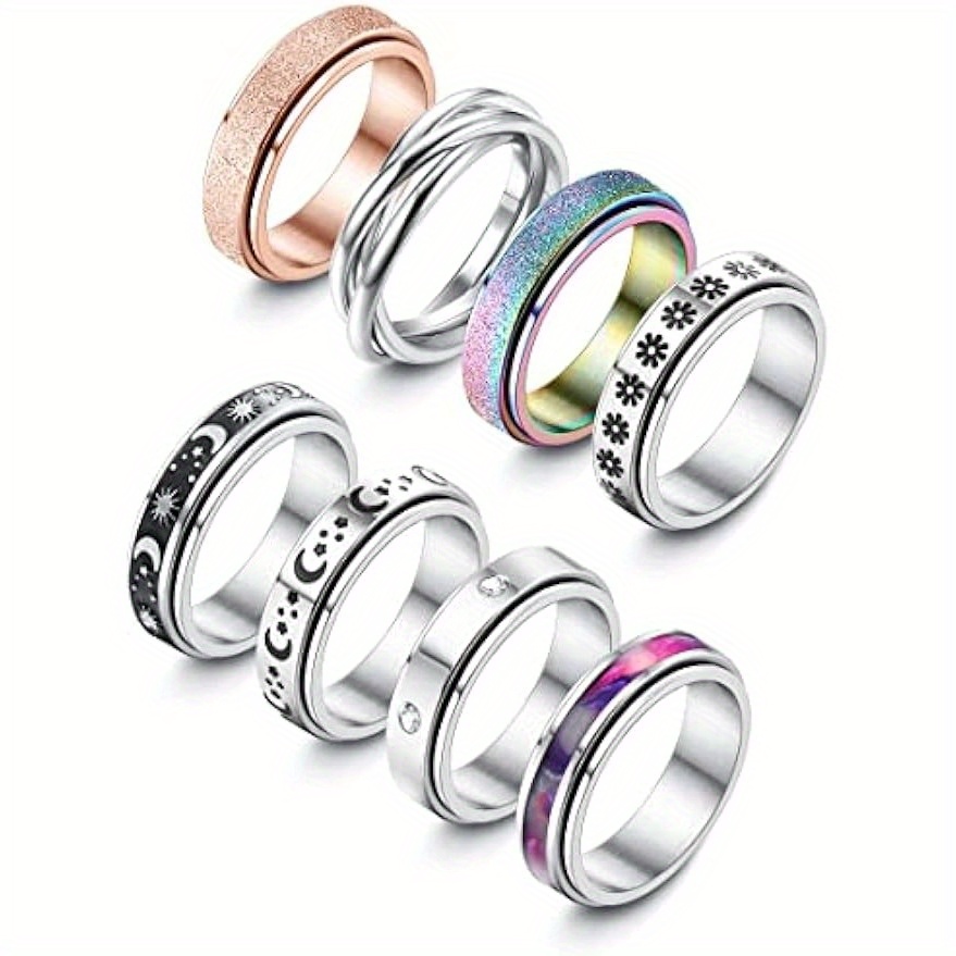 Image of 8pcs Spinner Rings For Anxiety Stainless Steel Rings For Women Men Stress Band Rings Set Fidget Rings For Anxiety