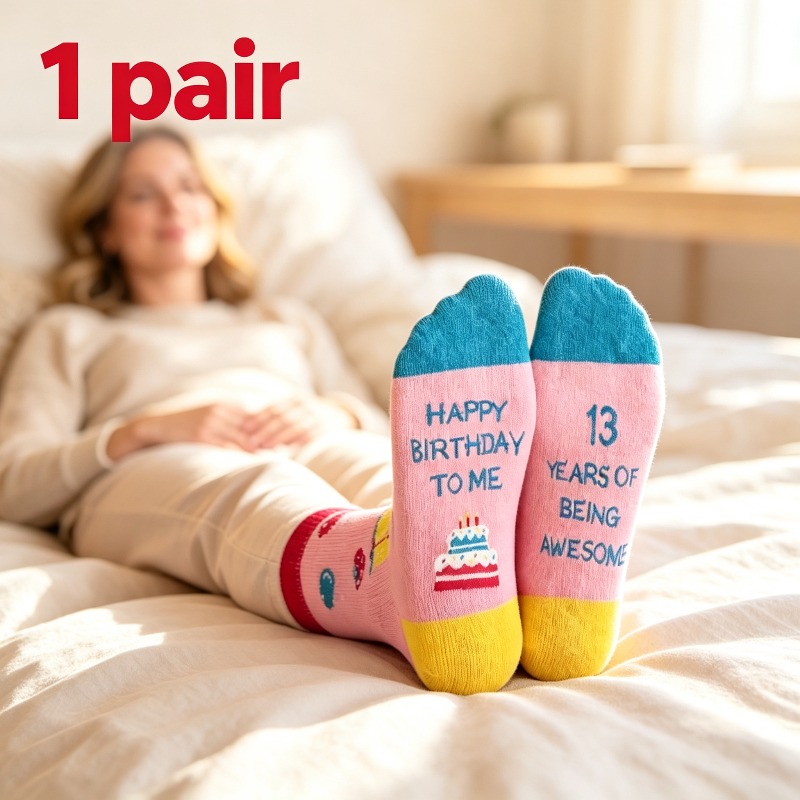 TEMU 1-pair 13th Birthday Socks Suitable For Teen &, Thirteenth Birthday Cake With , Soft Stretchy Calf-length Gifts, Machine Washable For, Christmas