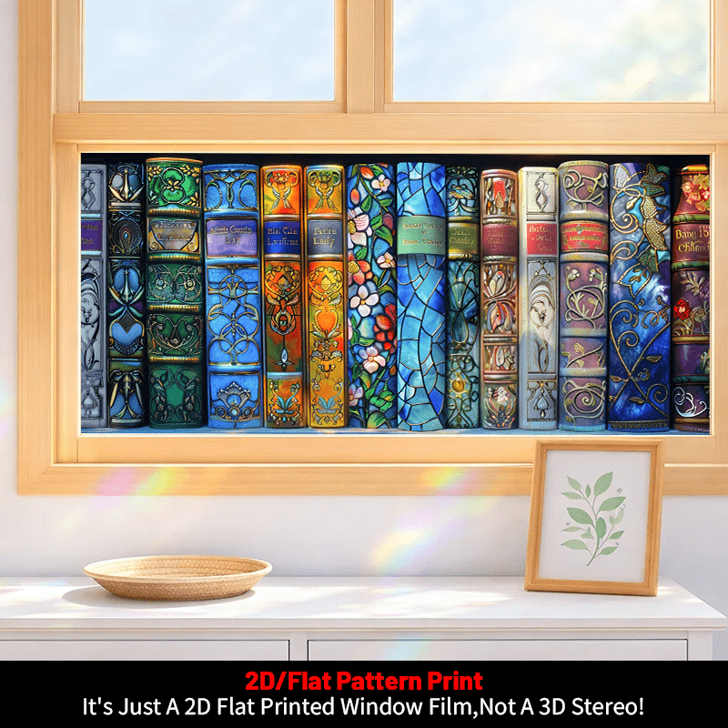 TEMU 2d Flat - 2d Flat - 1pc, Style Colored Window Film, 2d Flat Retro Book Pattern Glass Window Sticker, Glass Door And Window Decorative Sticker,