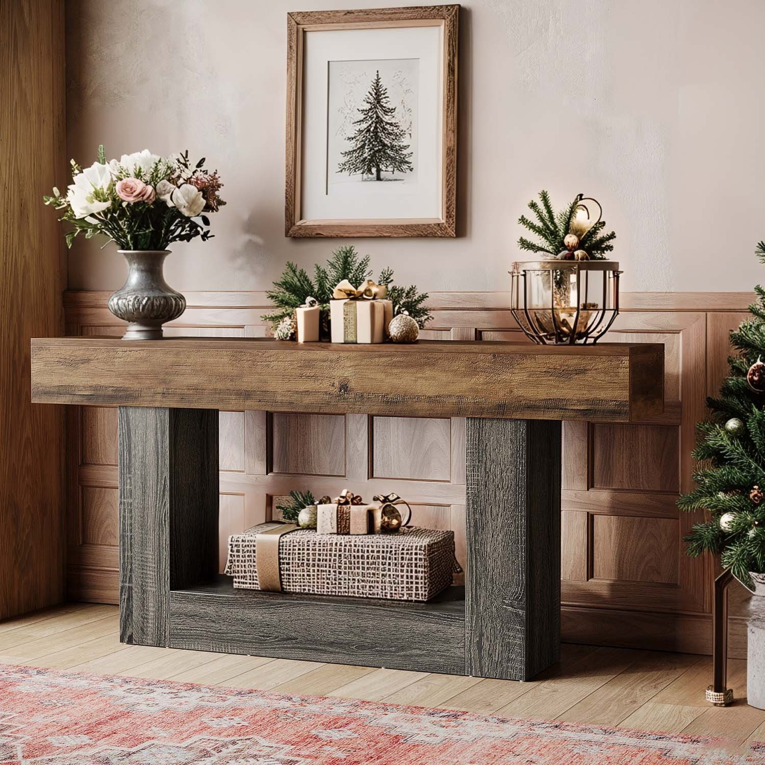 mesa de consola de madera estilo farmhouse de 63 con almacenamiento de 2 niveles y base de u - mesa de sofá rústica para entrada, mesa larga para pasillo que para , montaje, construcción de madera , acabado, se a s estrechos 3