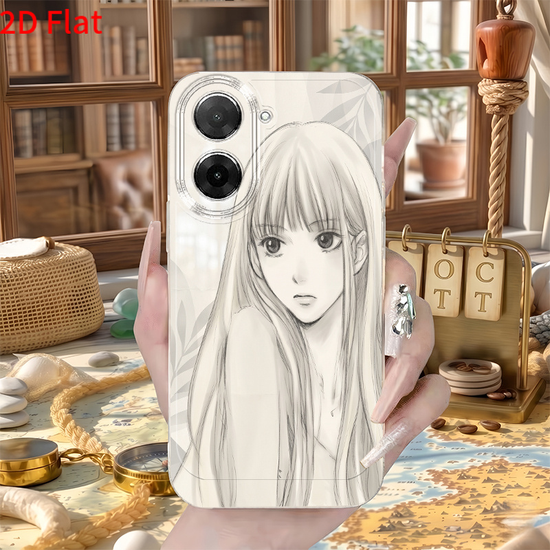 TEMU Чохол для телефону - 2D плоский чохол для телефону з ескізом дівчинки з олівцем для Redmi 12C 13 14C 15C 5G A3 A5 4G A7 Note 10 11S 12 13 14