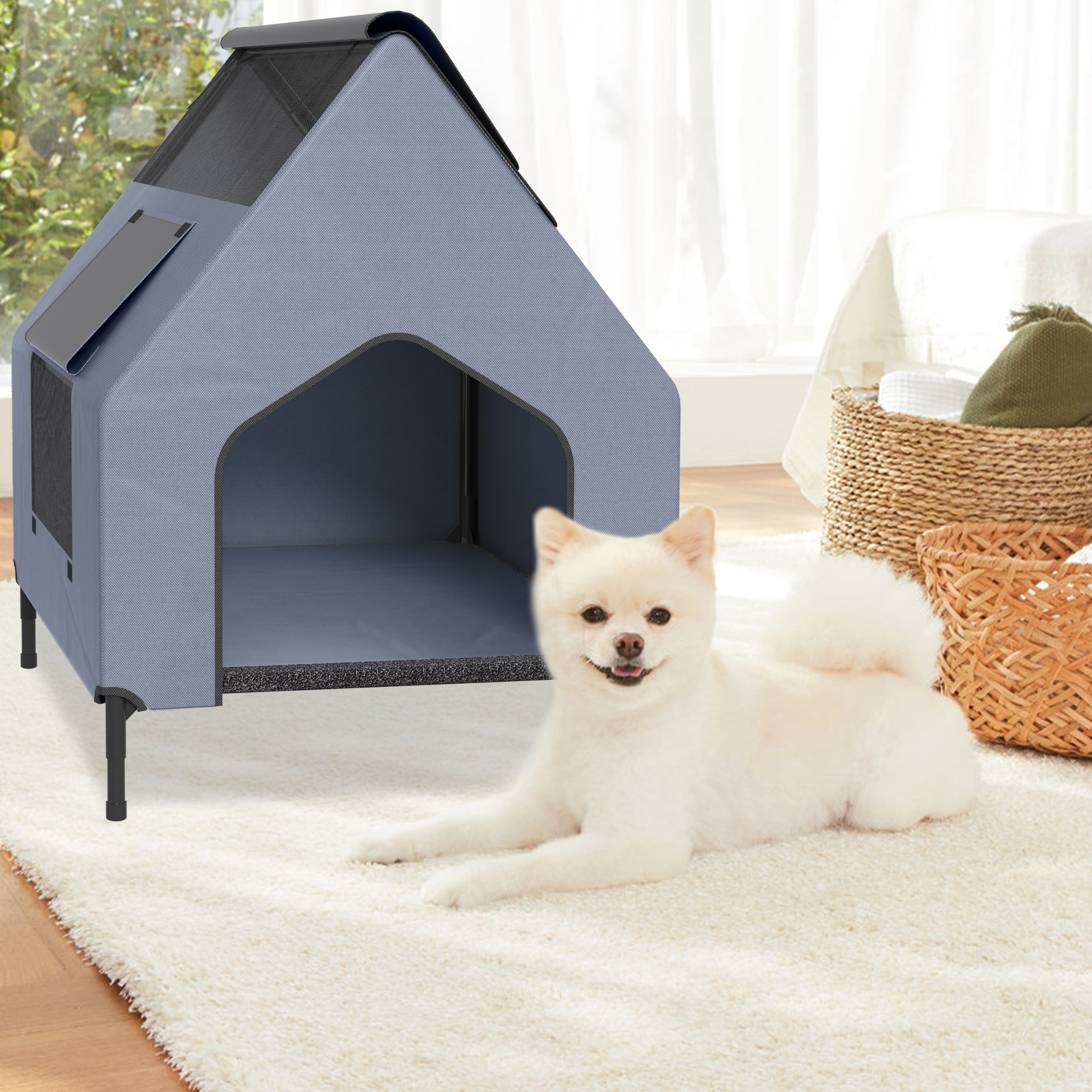 TEMU Canopy Dog Bed And Lounger, In Sizes 91x65.5x86.5cm, 109.5x74.5x93cm, And 130x84x104cm. This Outdoor Pet Tent Serves As A Raised House For Dogs