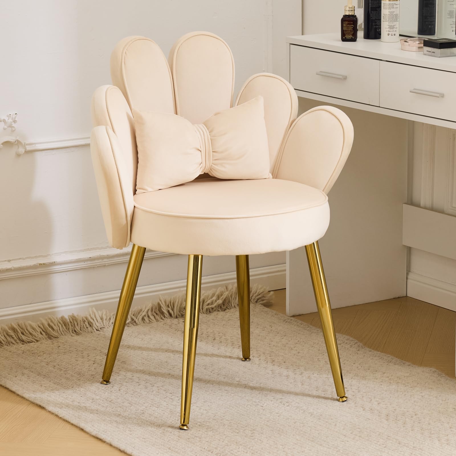 TEMU Living Room Armchair, Velvet Accent Chair With Golden Metal Legs, Modern Petal Vanity Chair, Upholstered Side Chair For Bedroom Living Room