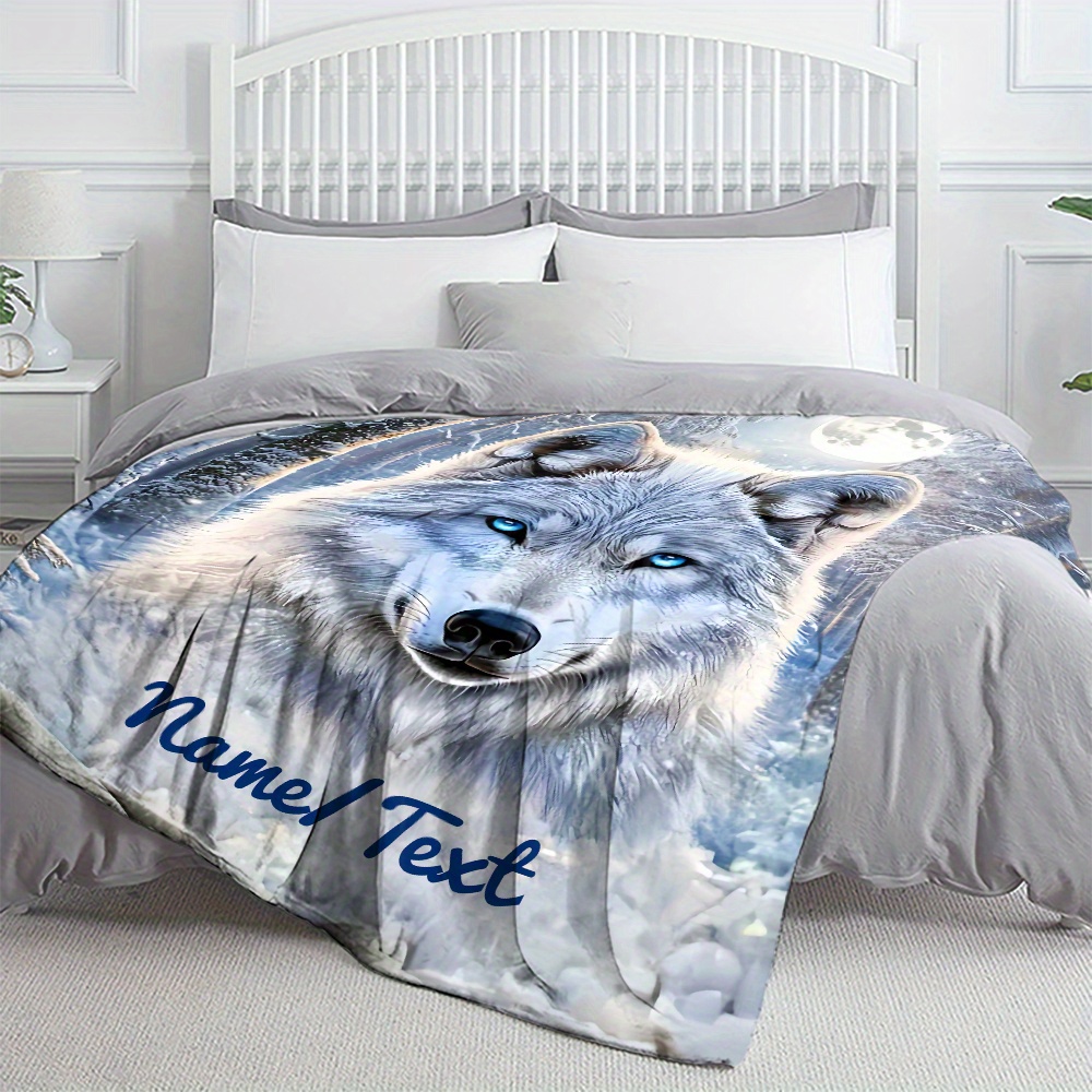 TEMU Personalized Snow Wolf Throw - A Lightweight Flannel Blanket Ideal For Home Decor, Perfect For Use On Sofas, Beds, During Travel, Camping, Or In