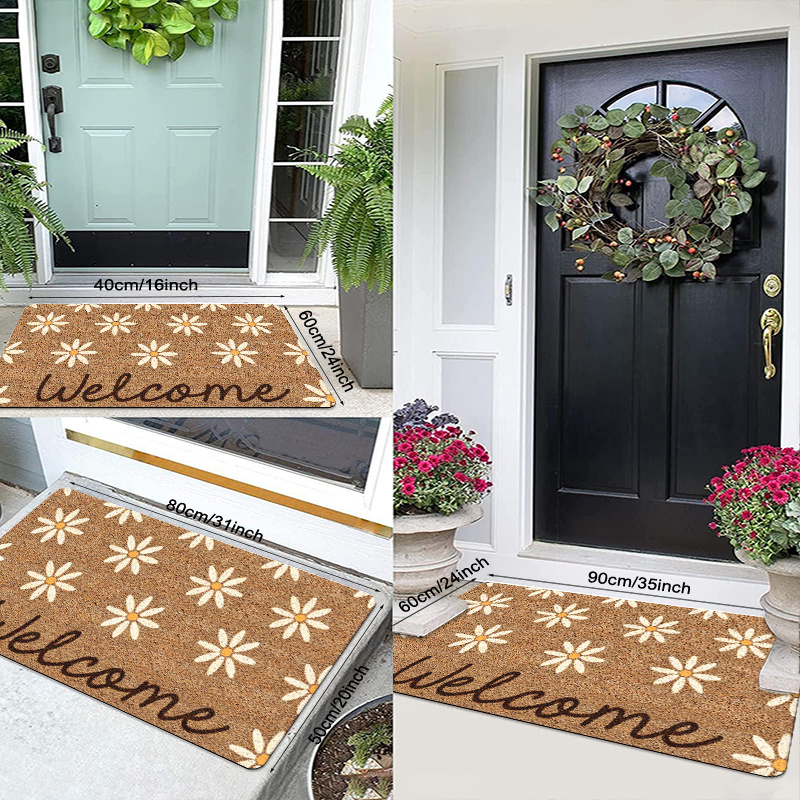 1 шт. приветственный коврик с узором из ромашек из полиэстера, нескользящий, легкий, устойчивый к пятнам, изготовленный машиной, прямоугольный, для внутреннего и наружного использования, для коридора, кухни, прачечной, туалета, подходит для Рождества, Дня благодарения, Дня святого Валентина, Дня матери, выпускных, детали 1
