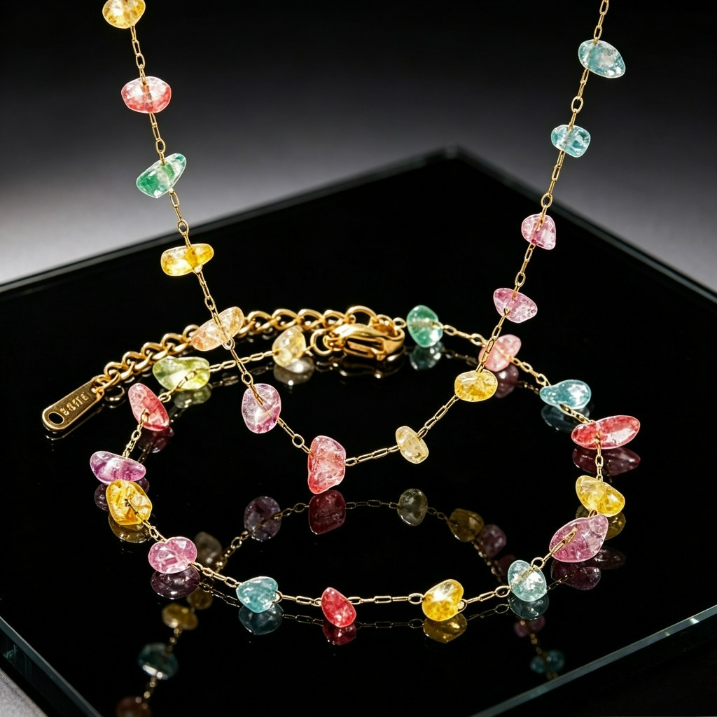 Niche Design Irregular Colored Pebble Pendant Collarbone Chain + Bracelet Set