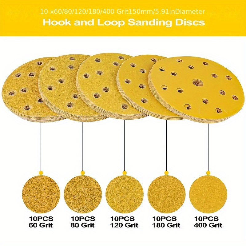 TEMU 150mm Sandpaper Disc, Hook And Loop Type, 60/80/120/180/400 Grit, 15 Holes, 6inch Round Sandpaper Disc, Suitable For Random Orbital Sander Pads
