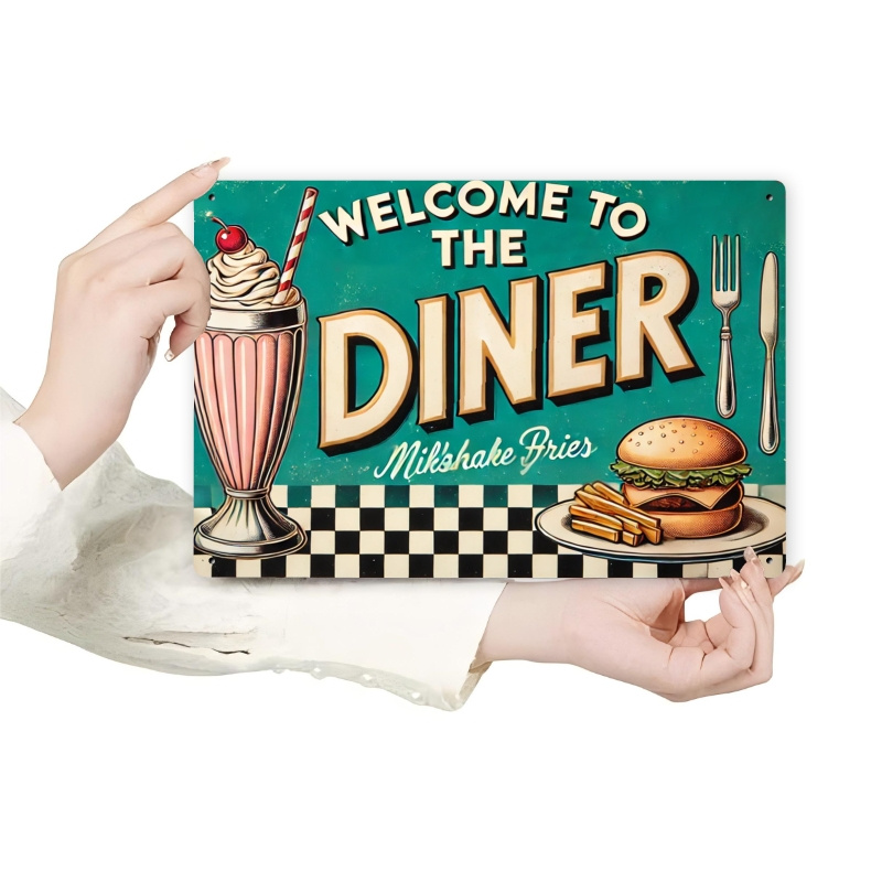 TEMU [2d Flat] Vintage "welcome To " Metal Sign - 12x8 Inches, Classic Milkshake & Burger Theme, Retro American Restaurant Decor, Ideal For Kitchens,