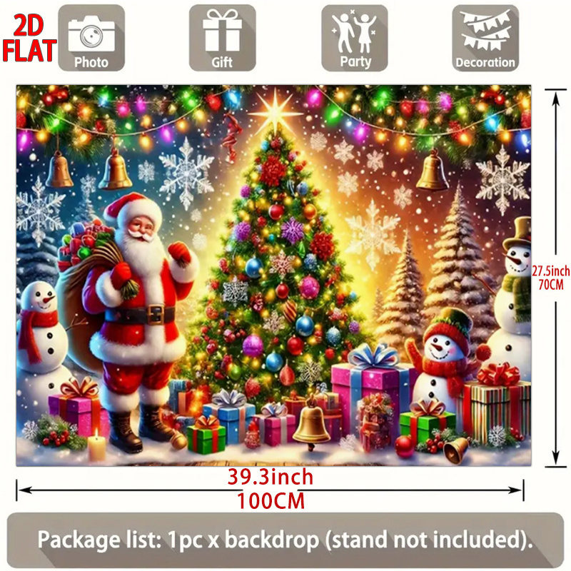 TEMU 2d Flat - 2d Flat - A Single Polyester Christmas Backdrop Featuring A 2d Flat Design, Showcasing A Festive Of Santa Claus Decorative Trees,