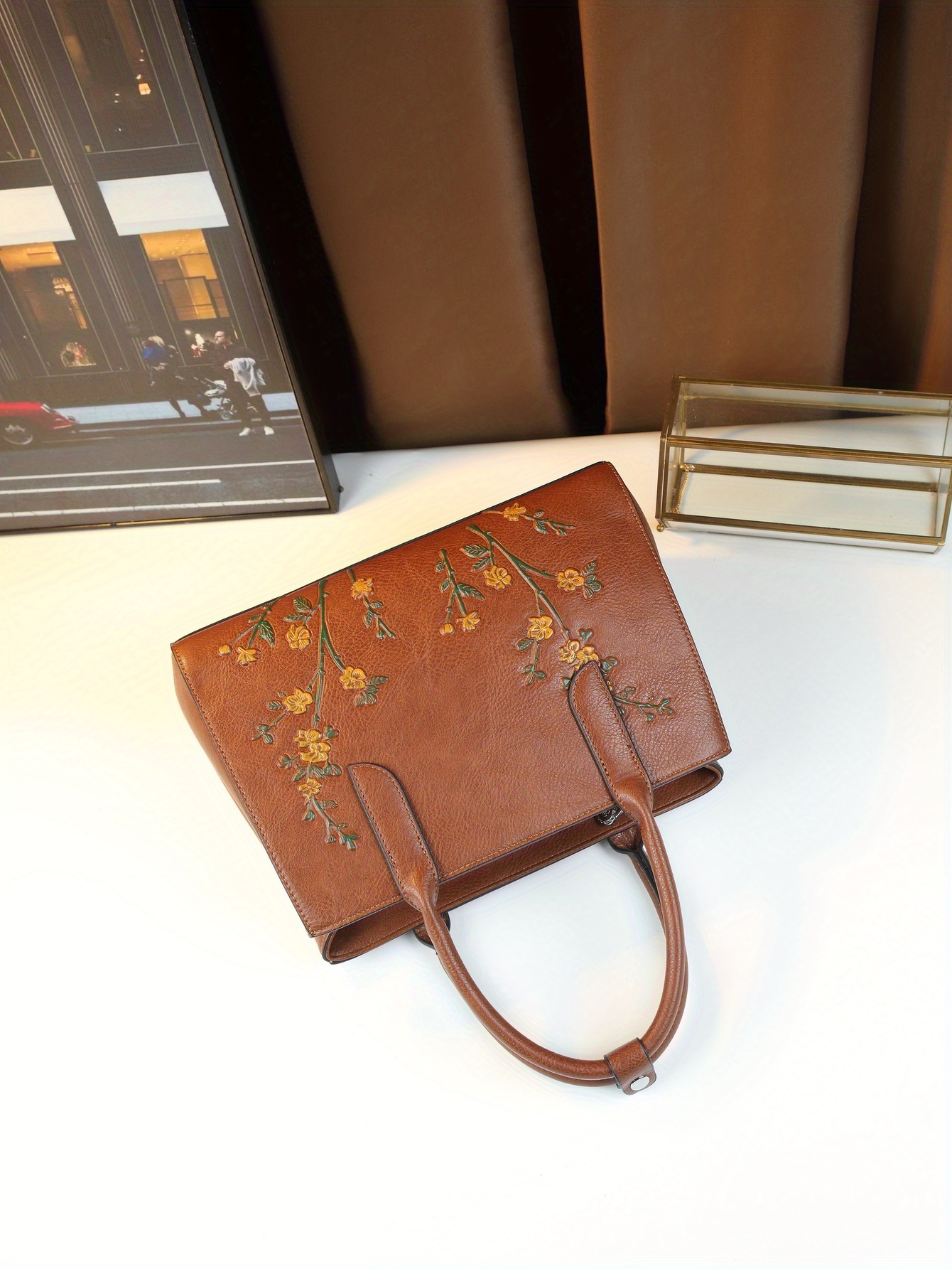 Light Brown Floral Print Handbag on model