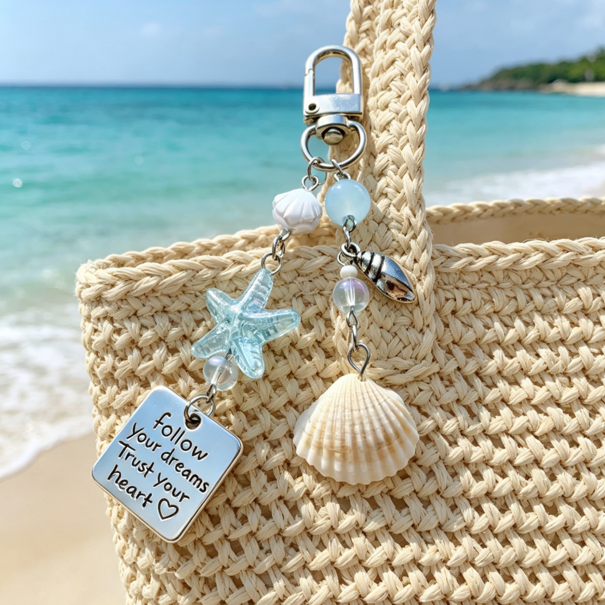 Image of 1pc Seaside Vacation Vibe Keychain, Tone Bag Charm, Starfish String Pendant, Girly Heart Charm