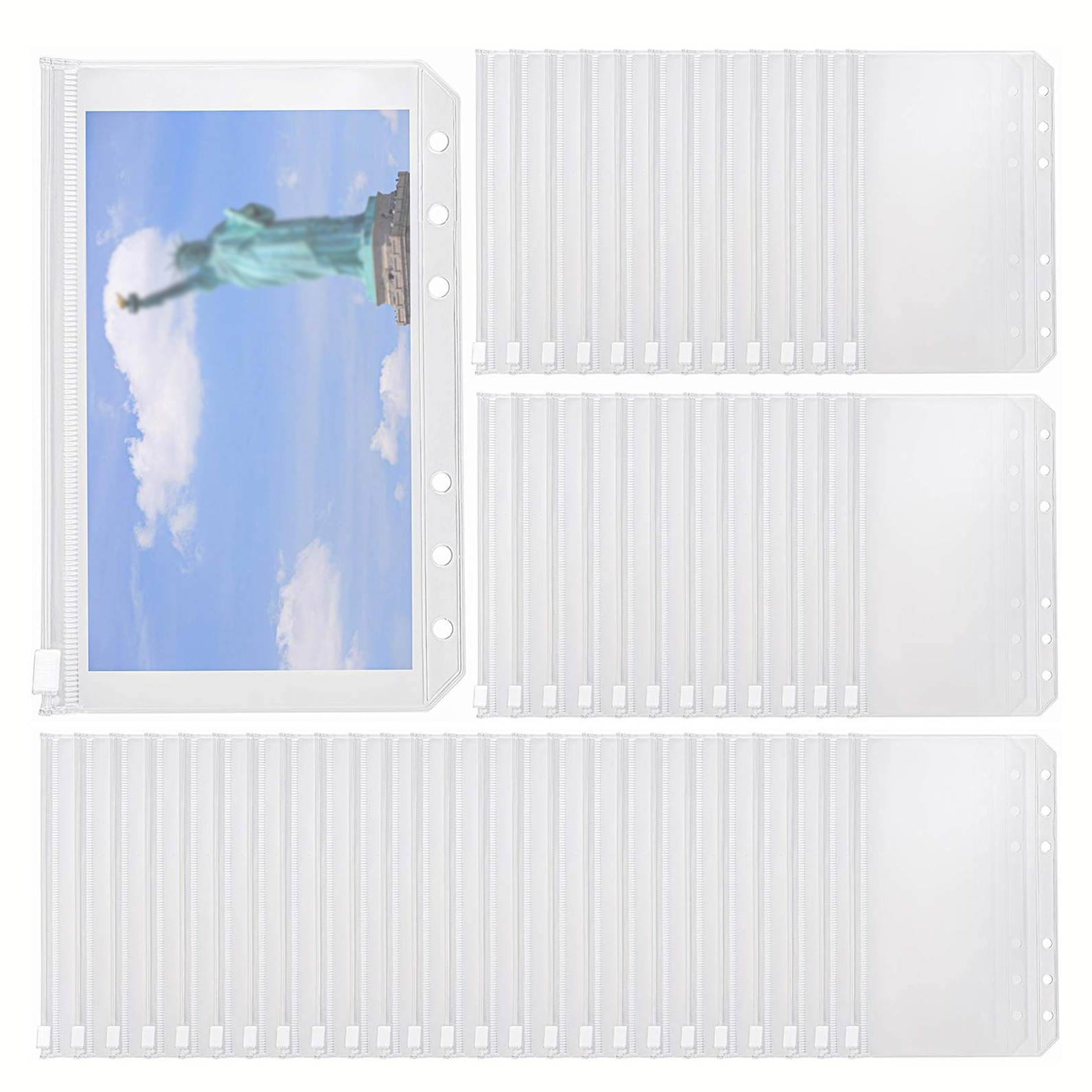 Image of 50pcs Zipper Binder Pockets A6 Size 6 Holes Binder Pouch Folders Zipper Loose Leaf Bags Clear Plastic Binder Envelopes For Documents Notebooks Cards For Cash Stuffing Binder Budget Cash Envelope