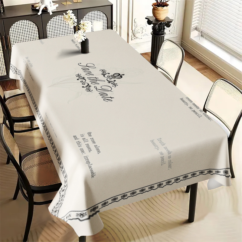 TEMU Tablecloth, 1pc, Base With Multi-section Vintage English Text, Light Gray Floral Pattern, And Black Lace Trim. Made Of, This Tablecloth Is Easy