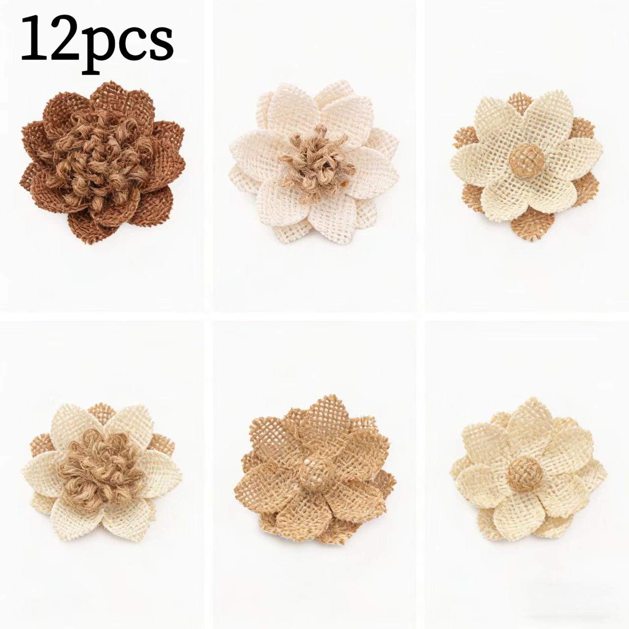 TEMU 12pcs 3d Burlap Flowers - Used As Brooches, Hair Accessories, Or Journal Stickers. Handmade Diy Decor For Clothing Accessories Or Home