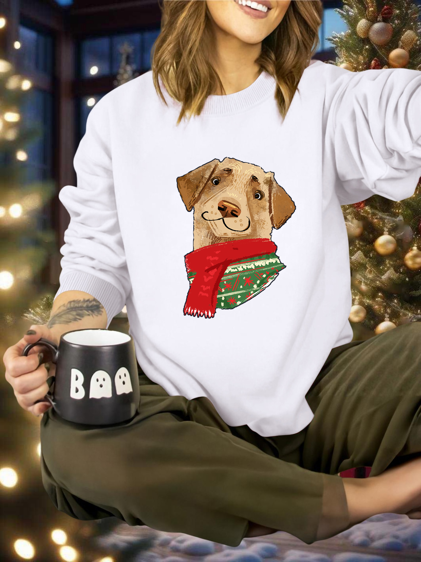 Women's Terrier Christmas Sweater Soft Crewneck Pullover with Dog  Print Casual Sweater for Fall Spring, Machine Wash