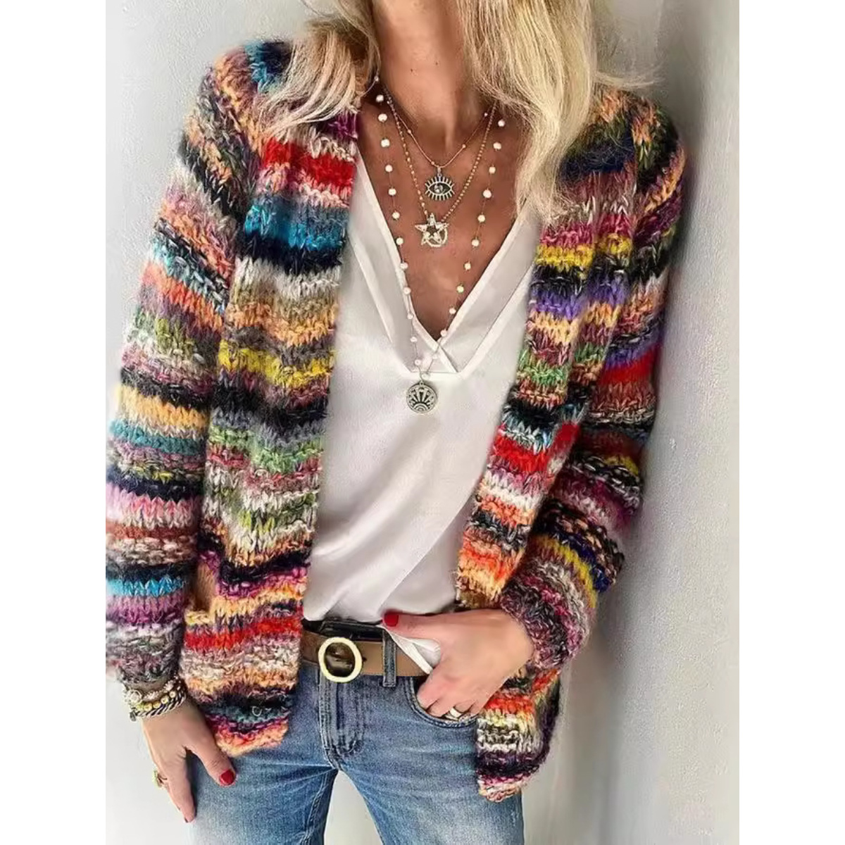 TEMU Scacto Women's Large Colorful Pattern Cardigan - Fun Bright Y2k Style Open Front Sweater
